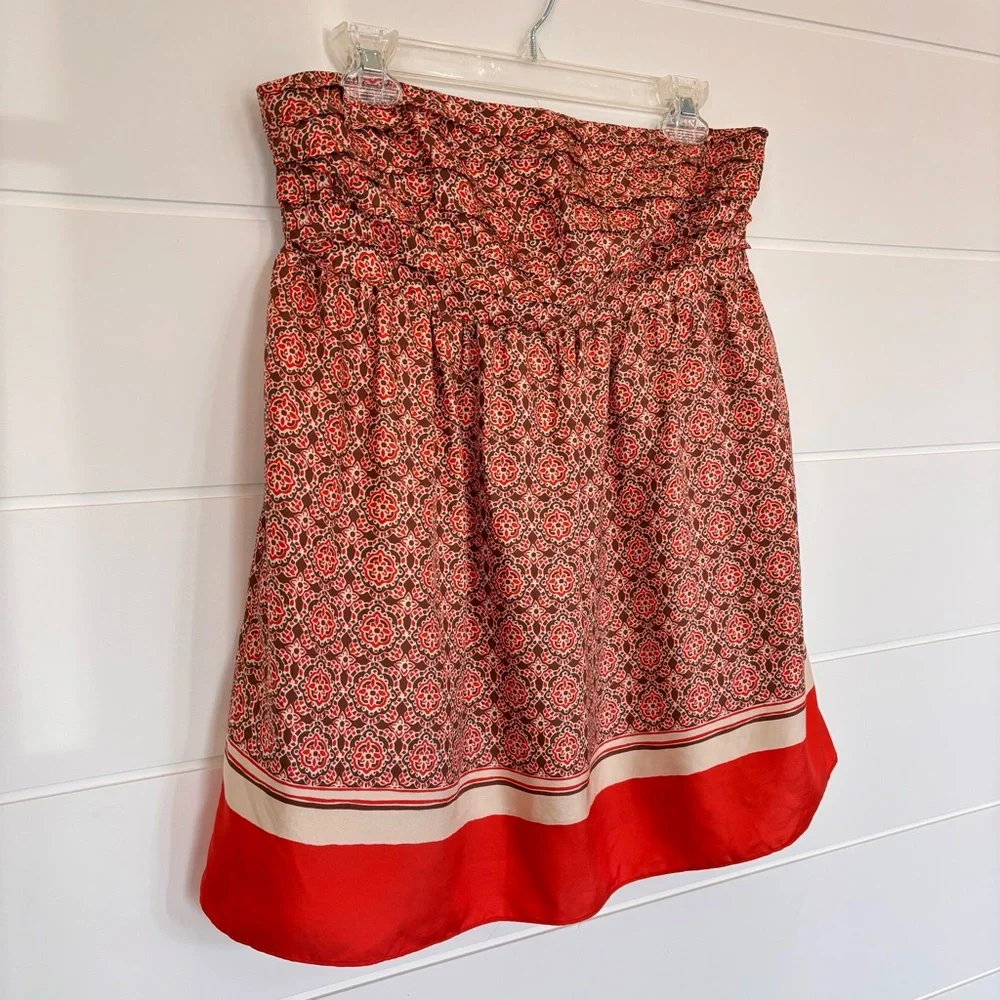 Banana Republic Orange Brown & Cream Printed Smocked Strapless Silk Top Size 8T - Picture 4 of 12